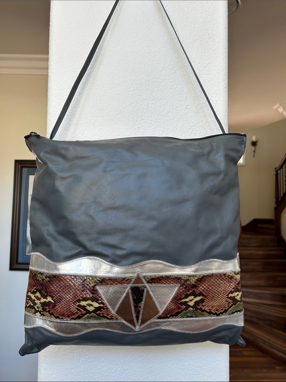 VST - Gray Leather Shoulder Bag with Geometric Embellishment